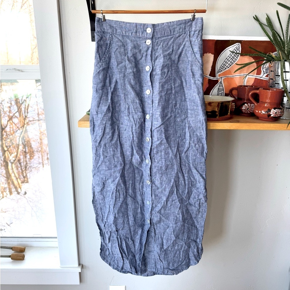 St. Tropez Blue Button-Front Linen Midi Skirt